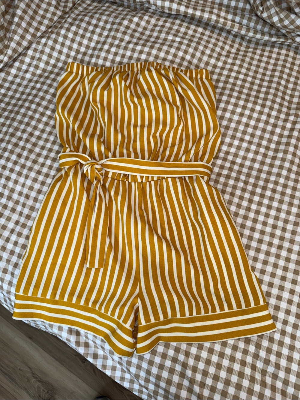 Yellow and White Striped Strapless Romper